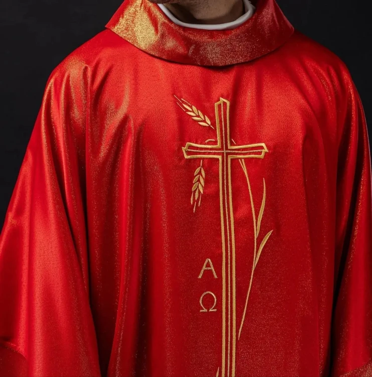 Ornat czerwony z haftem kłosów zboża i krzyża – widok przodu