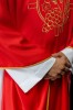 Ornat czerwony satynowy z haftem kłosów zboża i krzyża – detal symbolu