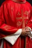 Ornat czerwony z haftem symboli Alfa i Omega, kłosów zboża i krzyża – detal symbolu