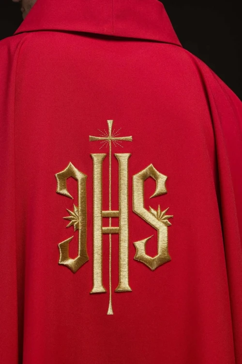 Czerwony ornat haftowany złotym motywem IHS – wykończenie kołnierza