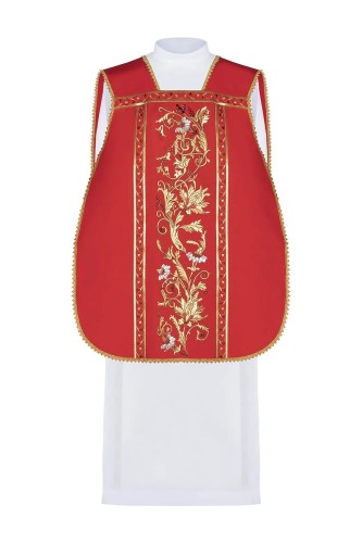 Czerwony ornat rzymski haftowany motywem eucharystycznego kielicha