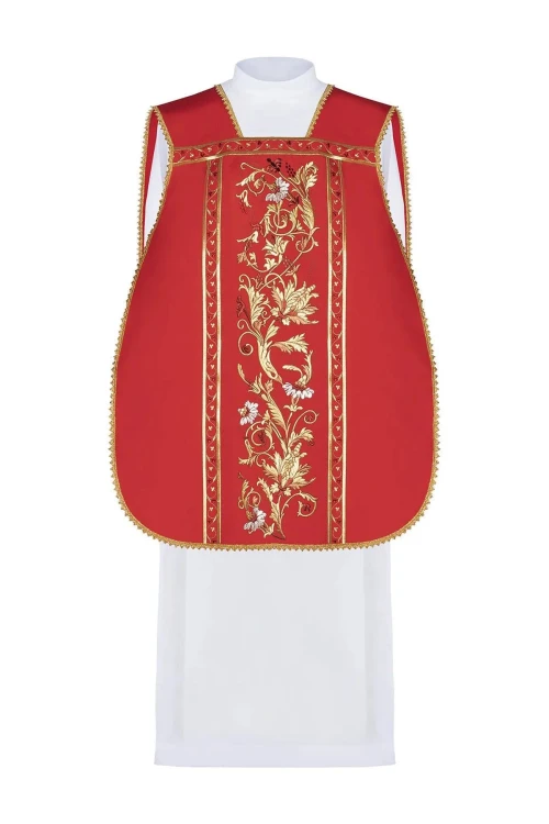 Czerwony ornat rzymski haftowany motywem eucharystycznego kielicha