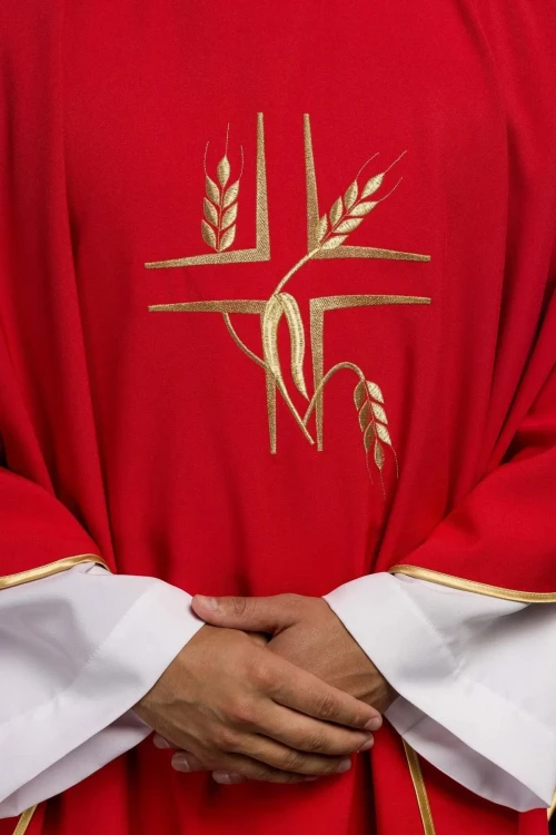 Ornat czerwony z haftem krzyża i kłosów – zbliżenie haftu
