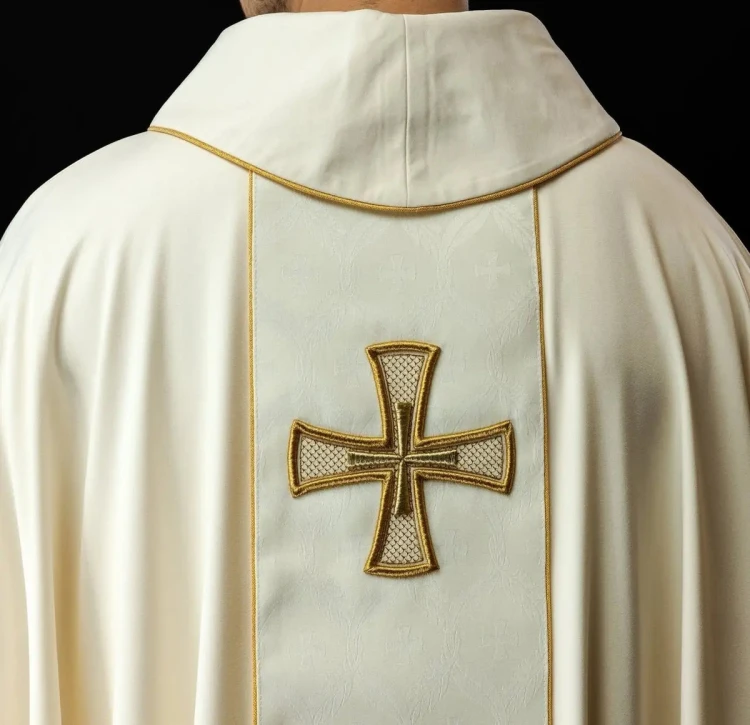 Ornat ecru haftowany z pasem i krzyżem – detal symbolu