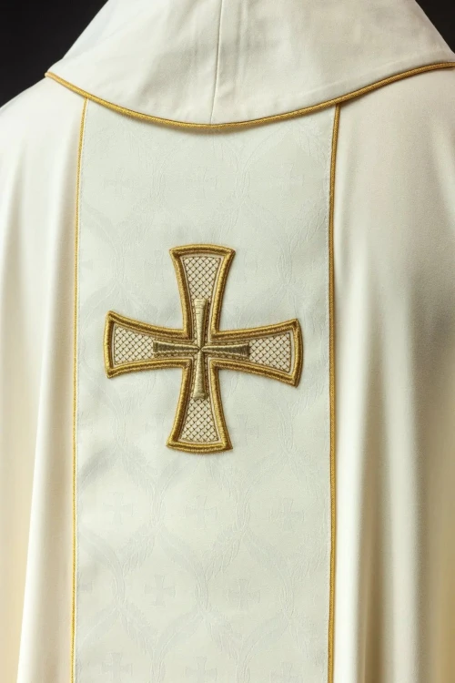 Ornat ecru haftowany z pasem i krzyżem – wykończenie kołnierza