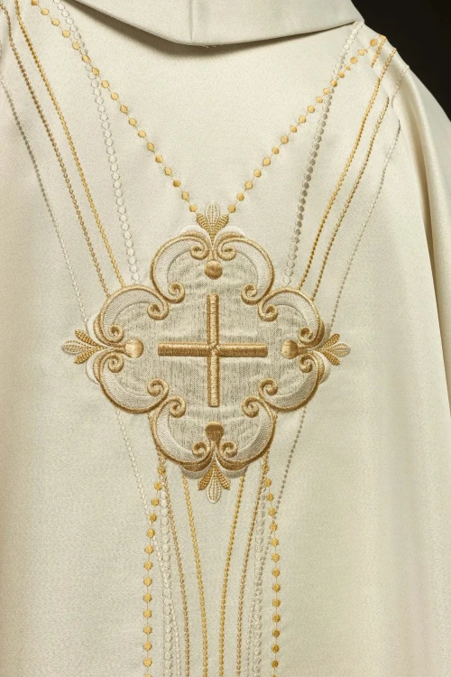 Ornat ecru z błyszczącej tkaniny inspirowany Różańcem – wykończenie kołnierza