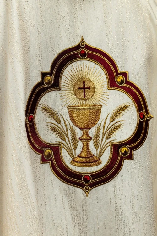 Ornat ecru z haftem Najświętszego Serca Jezusa i kielicha eucharystycznego – detal tkaniny