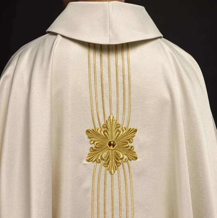 Ornat maryjny ecru błyszczący kamieniami – widok przodu