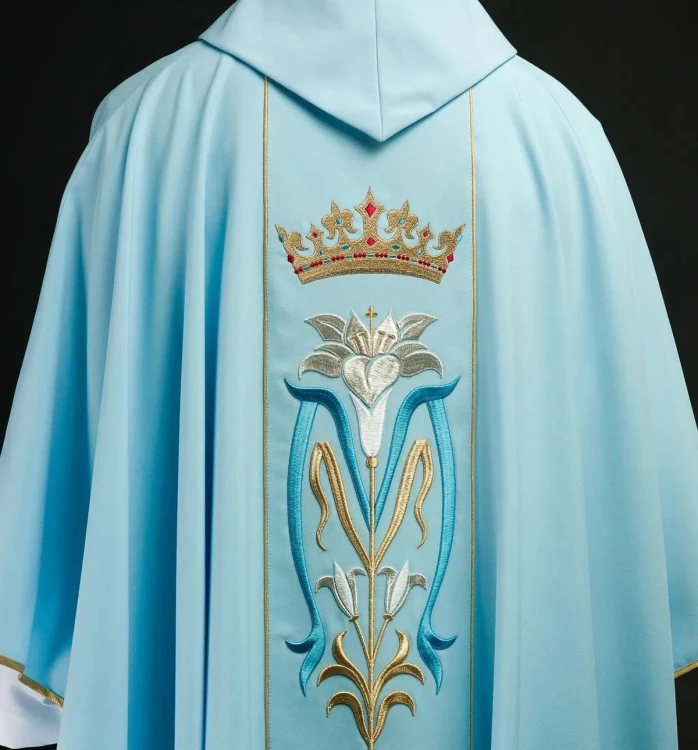 Ornat maryjny niebieski haftowany koroną – widok tyłu