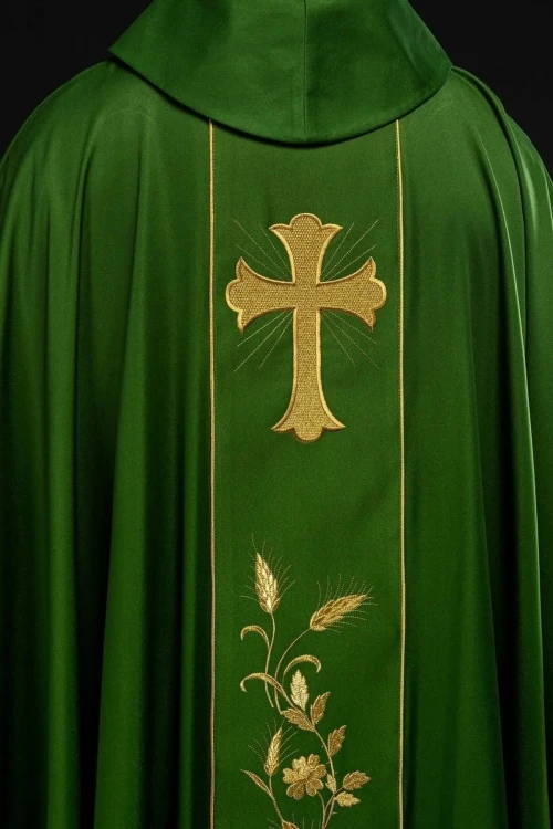Ornat zielony z haftowanym krzyżem i motywem kłosów pszenicy – widok przodu