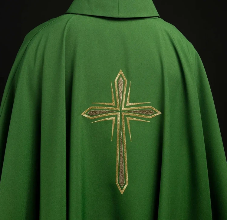Zielony ornat z haftowanym krzyżem – wykończenie kołnierza