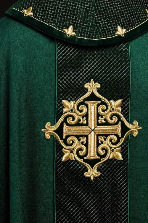 Ornat zielony haftowany na aksamicie z symbolem zielonego krzyża – widok tyłu