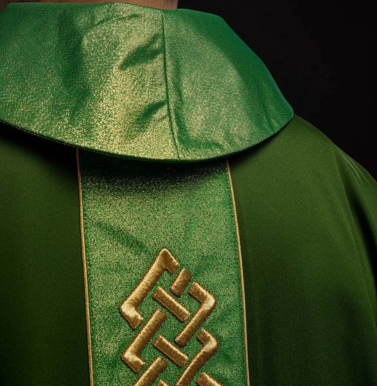 Ornat zielony haftowany z ozdobnym pasem z krzyżami – wykończenie kołnierza