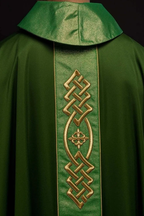 Ornat zielony haftowany z ozdobnym pasem z krzyżami – widok przodu