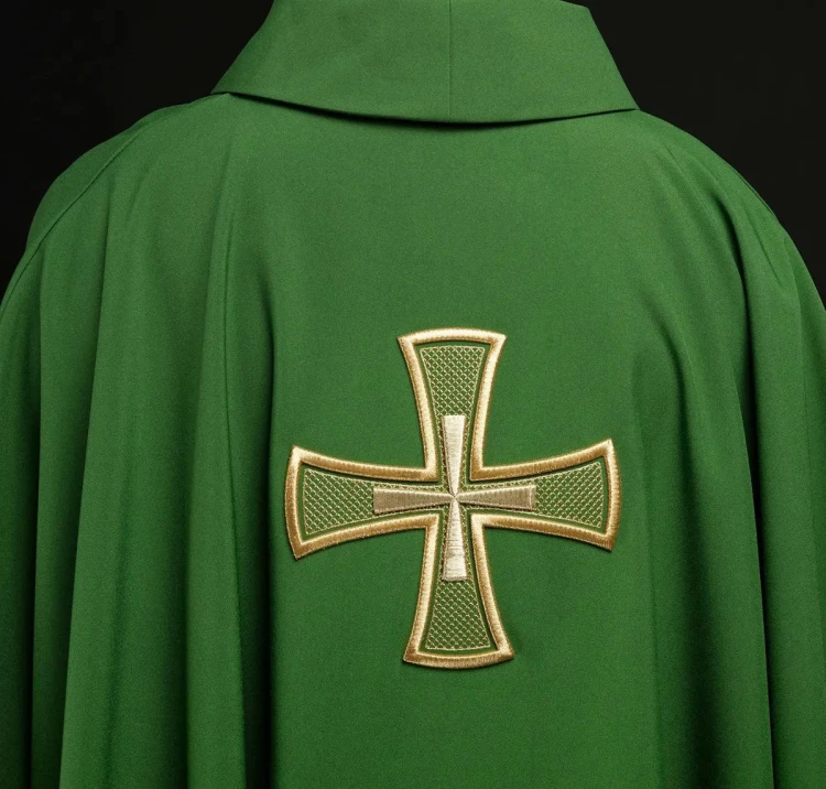 Ornat zielony z haftowanym motywem krzyża – wykończenie kołnierza