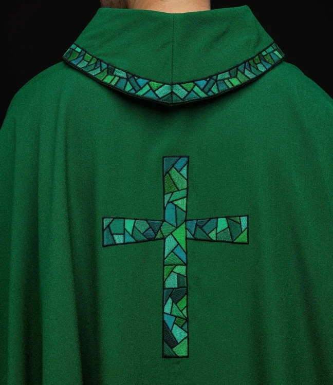 Ornat zielony z haftowanym mozaikowym krzyżem – widok tyłu