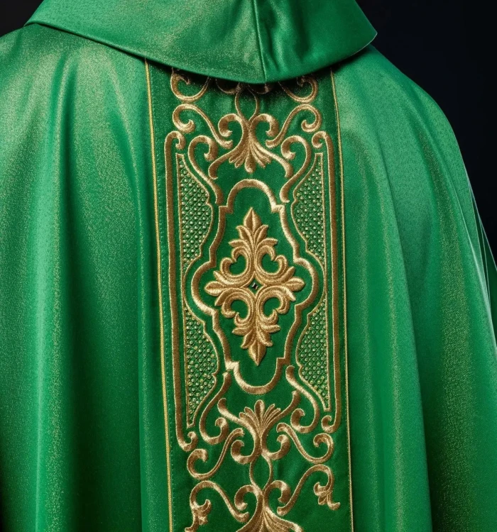 Zielony ornat bogato haftowany z połyskiem – widok przodu