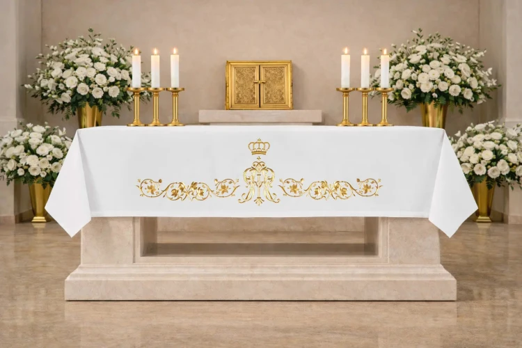 Złoty obrus ołtarzowy z haftem maryjnym i liliami 150 × 300 cm – widok na ołtarzu