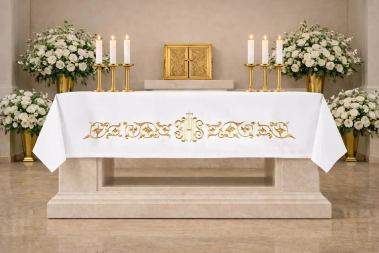 Złoty obrus ołtarzowy z maryjnym monogramem i ornamentem 150 × 350 cm – widok na ołtarzu