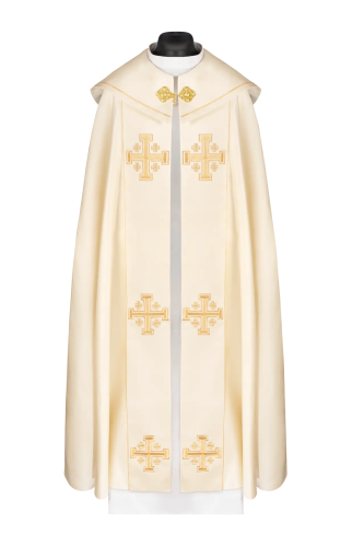 Kapa liturgiczna ecru z aksamitnym pasem i haftowanymi krzyżami – widok główny