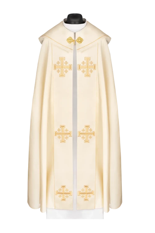 Kapa liturgiczna ecru z aksamitnym pasem i haftowanymi krzyżami – widok główny