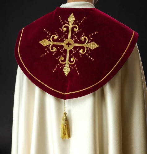 Kapa liturgiczna ecru z haftem krzyża i bordowym pasem – widok całej szaty