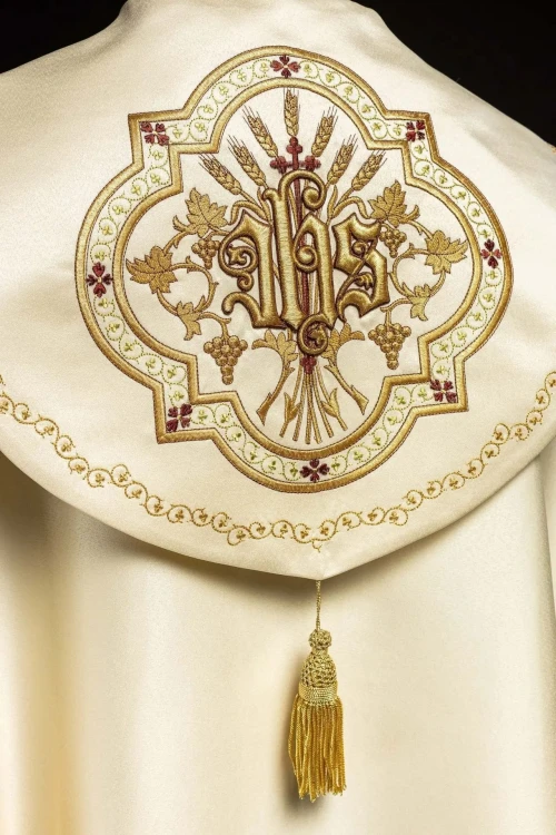 Kapa liturgiczna ecru z wypukłym haftem IHS – detal przedniego pasa