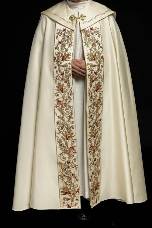 Kapa liturgiczna ecru z wypukłym haftem IHS – zbliżenie haftu