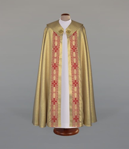 Kapa liturgiczna złota z brokatu i ozdobną taśmą – widok główny