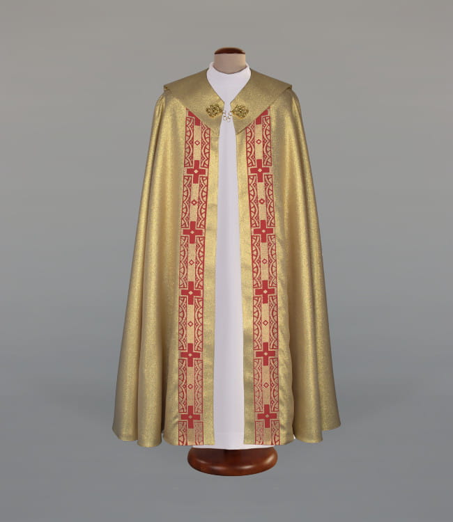 Kapa liturgiczna złota z brokatu i ozdobną taśmą – widok główny