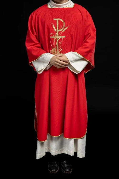 Dalmatyka liturgiczna czerwona z haftem krzyża PAX – zestaw ze stułą
