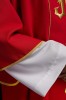 Dalmatyka liturgiczna czerwona z haftowanym pasem IHS – widok z tyłu