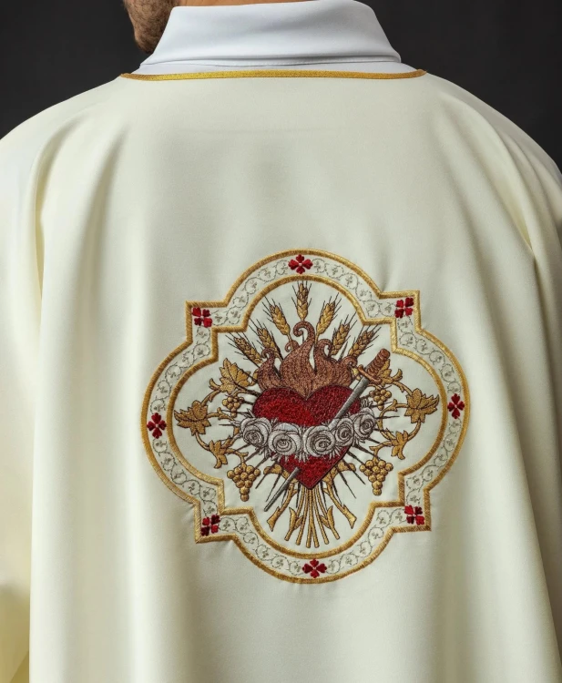 Dalmatyka liturgiczna ecru z motywem Serca Maryi – widok z boku