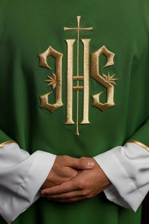 Dalmatyka zielona IHS – wykończenie dekoltu