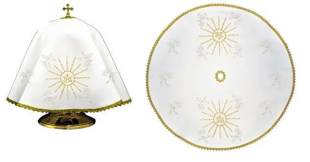 Welon na puszkę biały okrągły 53 cm z promienistym IHS – zbliżenie haftu promienisty monogram IHS
