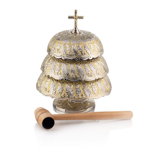 Zdobiony gong liturgiczny trójtonowy z kontrastowym ornamentem – widok główny