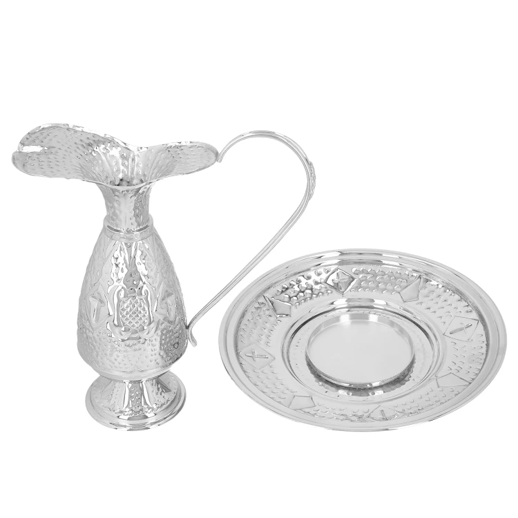 Niklowany dzbanek z tacą do chrztu 28 cm – ujęcie 3