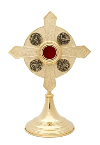 Pozłacany relikwiarz krzyżowy z czterema patynowanymi wizerunkami Ewangelistów