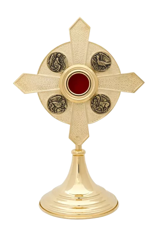 Pozłacany relikwiarz krzyżowy z czterema patynowanymi wizerunkami Ewangelistów