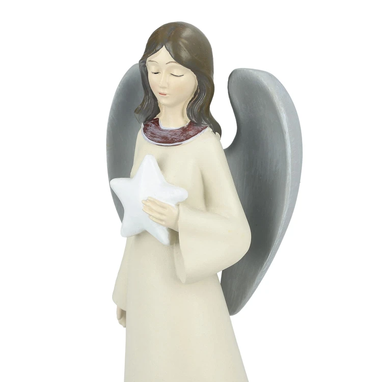 Anioł z gwiazdą Favola 23 cm - figurka w kremowej sukni - zbliżenie twarzy i gwiazdy