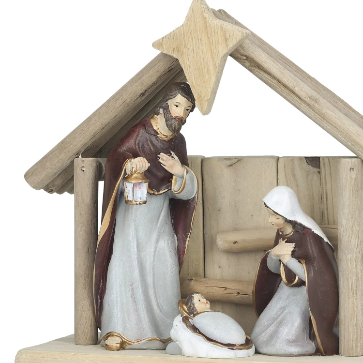 Szopka bożonarodzeniowa Favola 18 cm - drewno i żywica - zbliżenie Świętej Rodziny