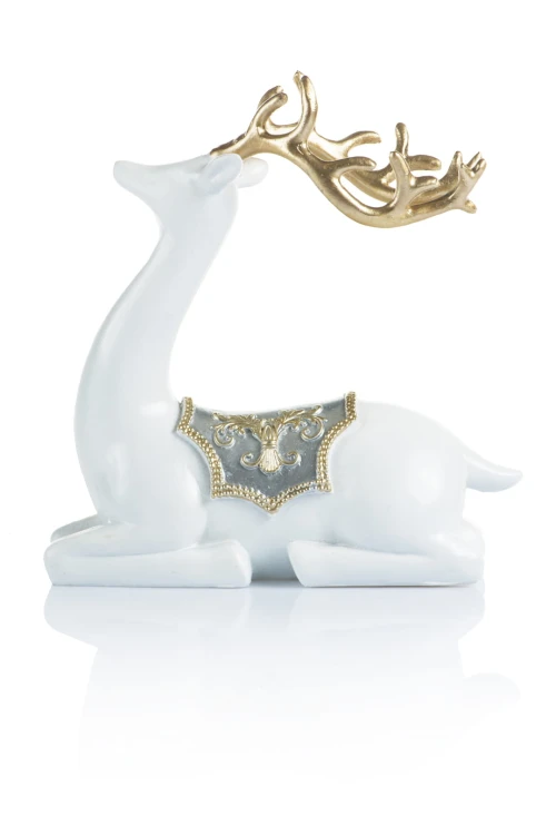 Leżący renifer Favola 21 cm - biała figurka ze złocistym porożem - bok