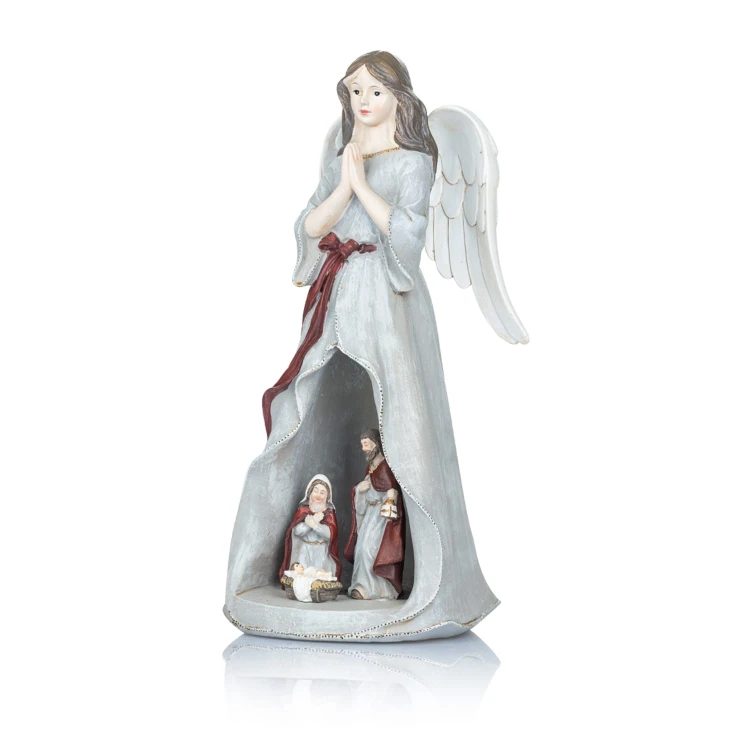 Anioł ze Świętą Rodziną Favola 25 cm - podświetlana figurka - widok ukośny