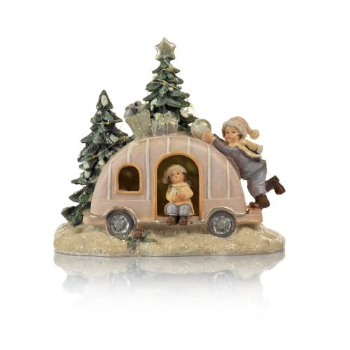 Świąteczne auto LED Favola 16 cm - figurka zimowa - przód domku i choinek