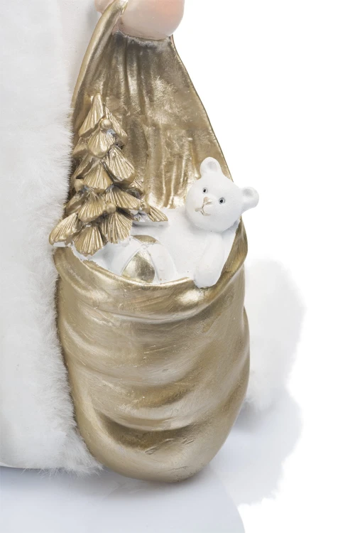 Mikołaj z prezentem Favola 30 cm - biała figurka - zbliżenie worka