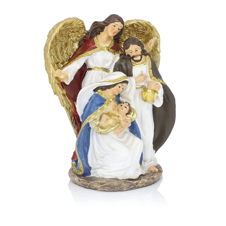 Święta Rodzina z aniołem o złocistych skrzydłach 14 cm - ujęcie 5