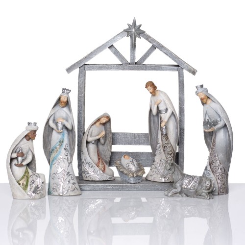 Szopka Decorato 29 cm - jasne figury i szara stajenka - widok główny