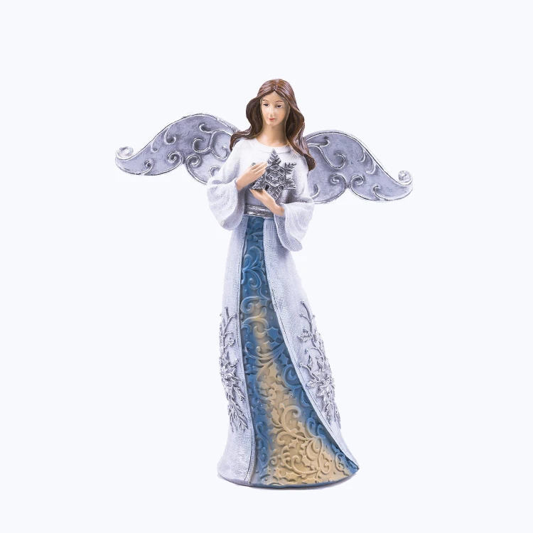 Anioł ze śnieżynką Decorato 34 cm - srebrzyste skrzydła - widok główny