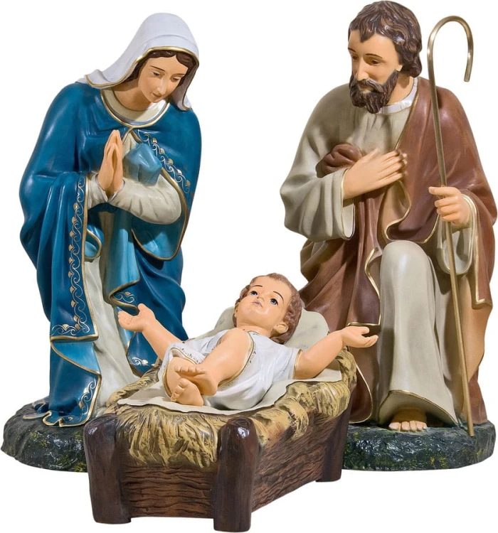 Święta Rodzina przy żłóbku z klęczącym Józefem - Maryja, Józef i Dzieciątko Jezus