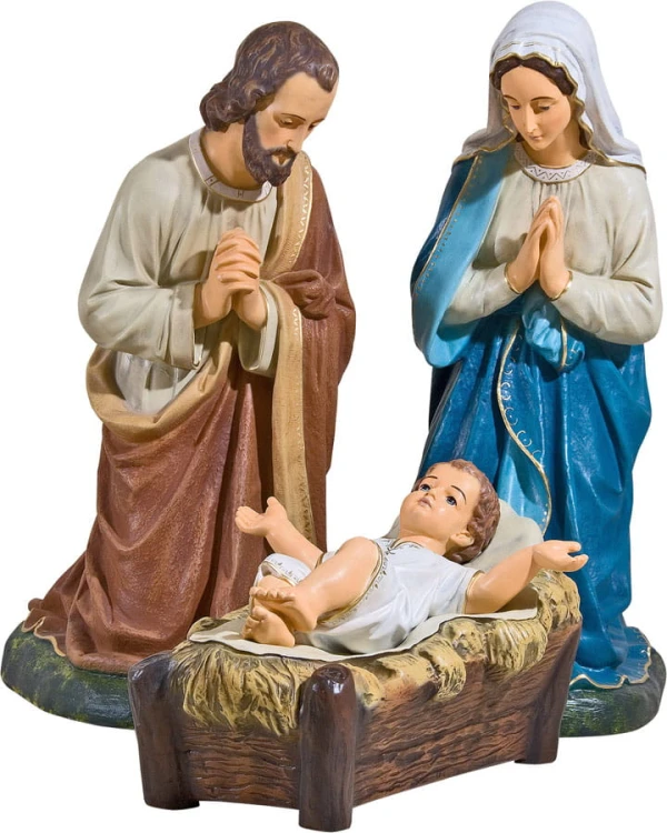 Święta Rodzina przy żłóbku w niebiesko-brązowych szatach - Maryja, Józef i Dzieciątko Jezus